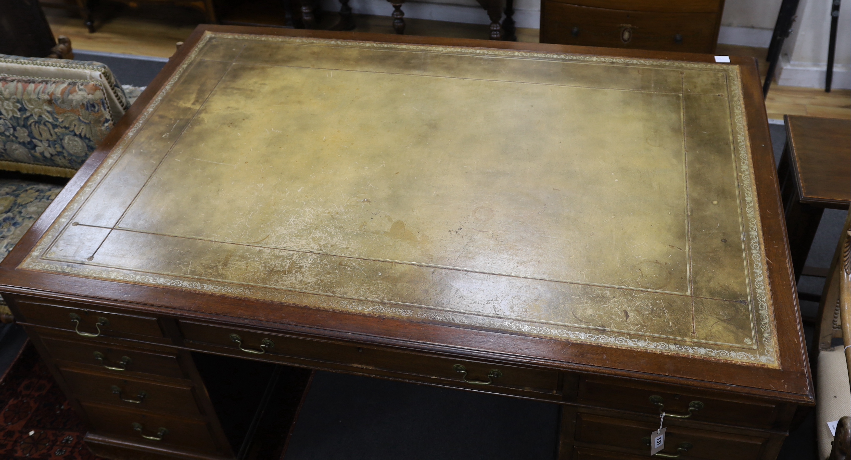 An early 20th century mahogany pedestal partner's desk, length 184cm, depth 120cm, height 77cm